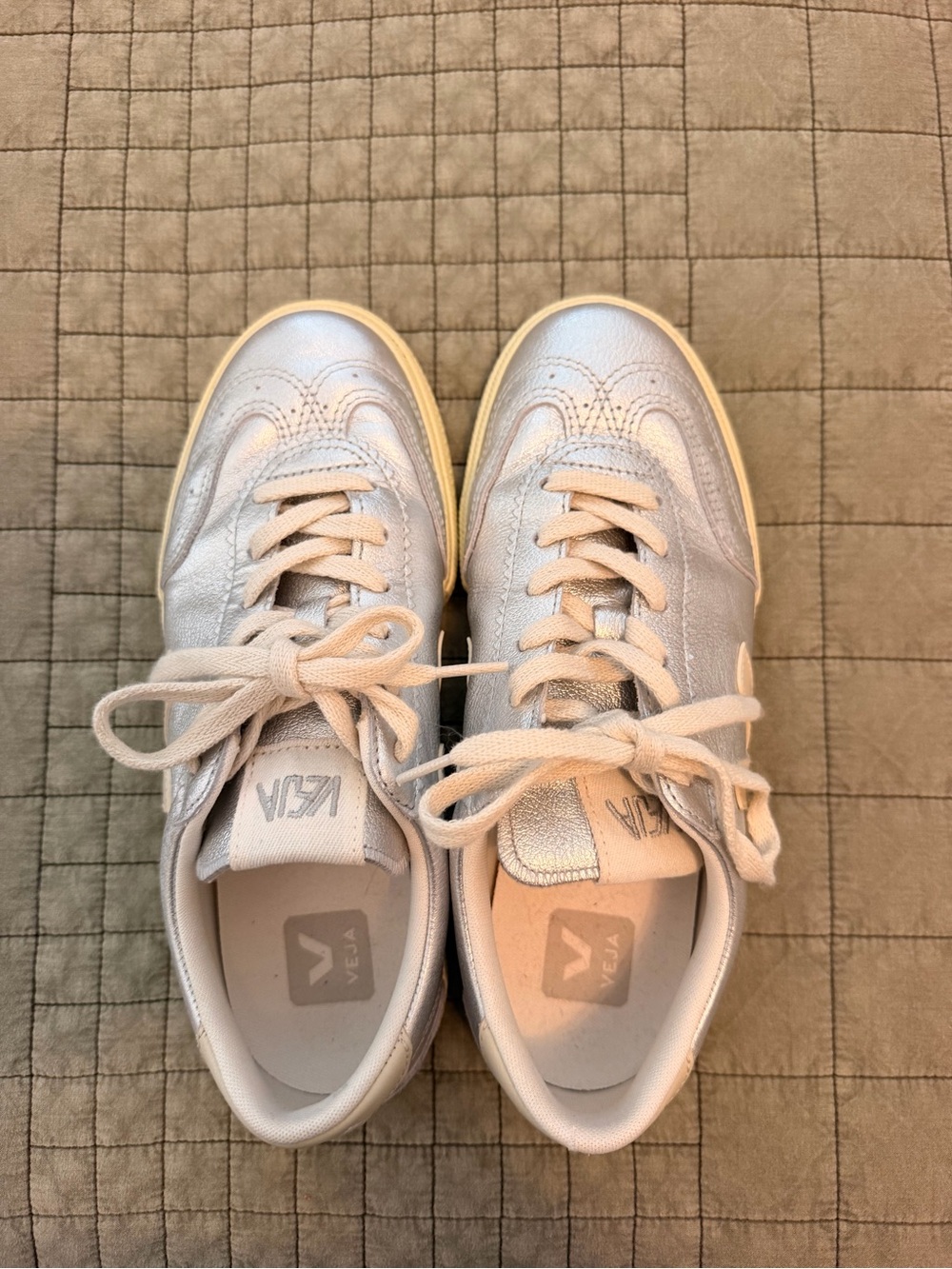 Veja Women's Silver Leather Sneakers with Cream Laces